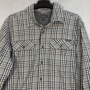 Eddie Bauer Men's Long Sleeve Button Up Gray White Plaid Striped L Shirt Comfort